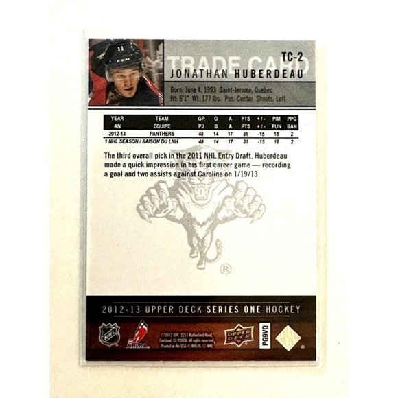 2012-13 Upper Deck JONATHAN HUBERDEAU #TC-2 Redemption Trade Rookie Card - Picture 4 of 4